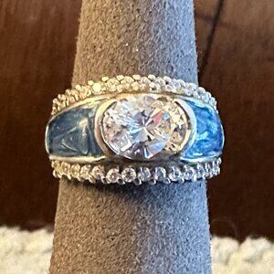 Silver Blue Resin Inlay CZ statement Cocktail ring sz 6
